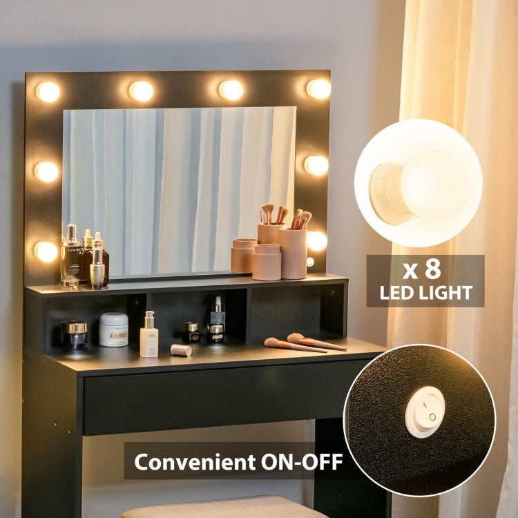 Vanity Table Set with Lighted Mirror and Cushioned Stool