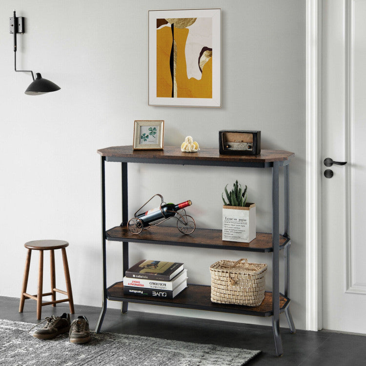 3-Tier Industrial Console Table with Open Storage Shelves and Steel Frame