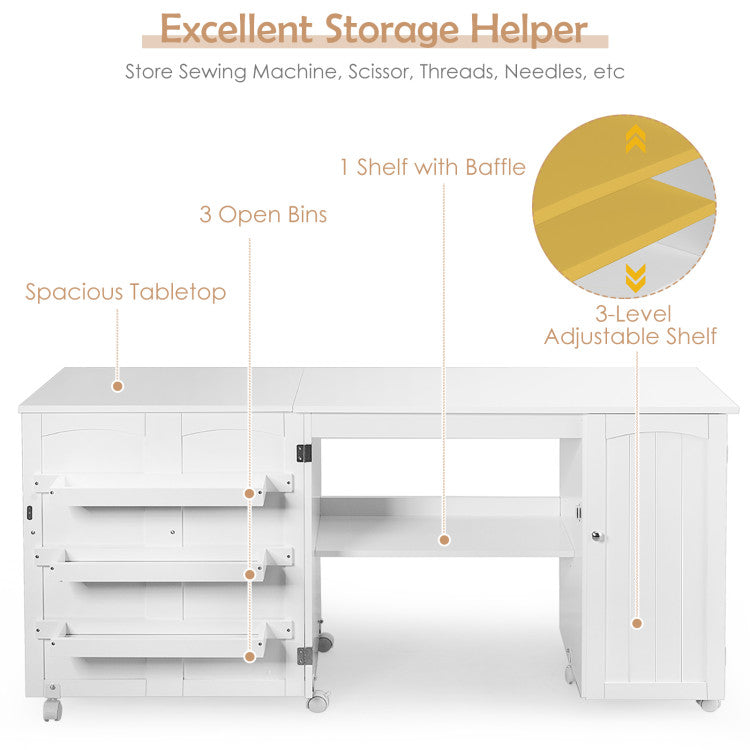 Folding Large Sewing Table Storage Shelves and Lockable Casters