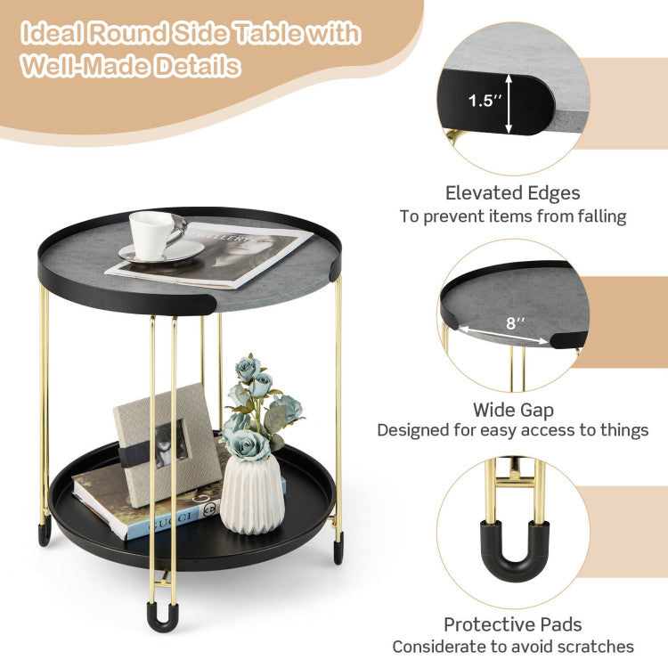 2-Tier round Side Table with Removable Tray and Metal Frame for Small Space