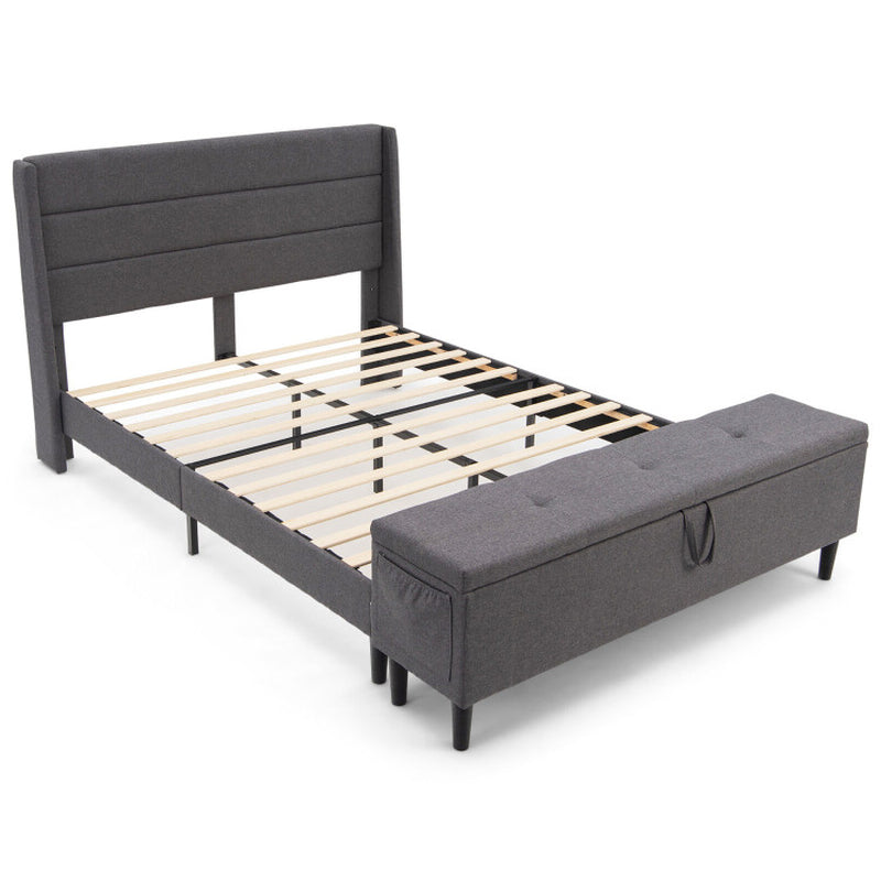 Full/Queen Upholstered Bed Frame with Headboard and Storage Ottoman