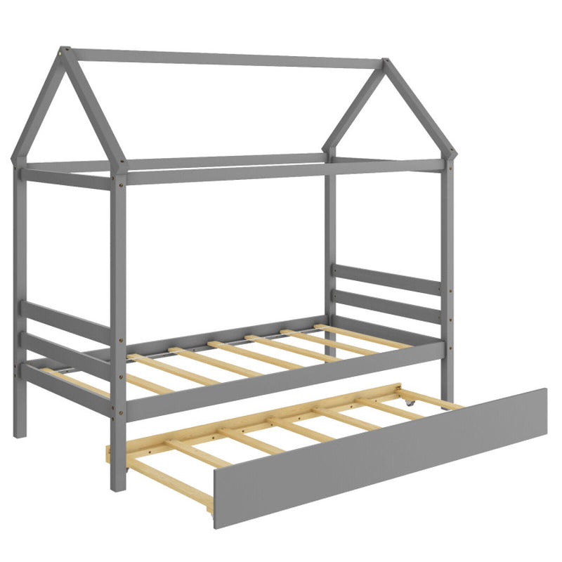 Twin Size Wood House Bed Frame with Trundle for Girls & Boys