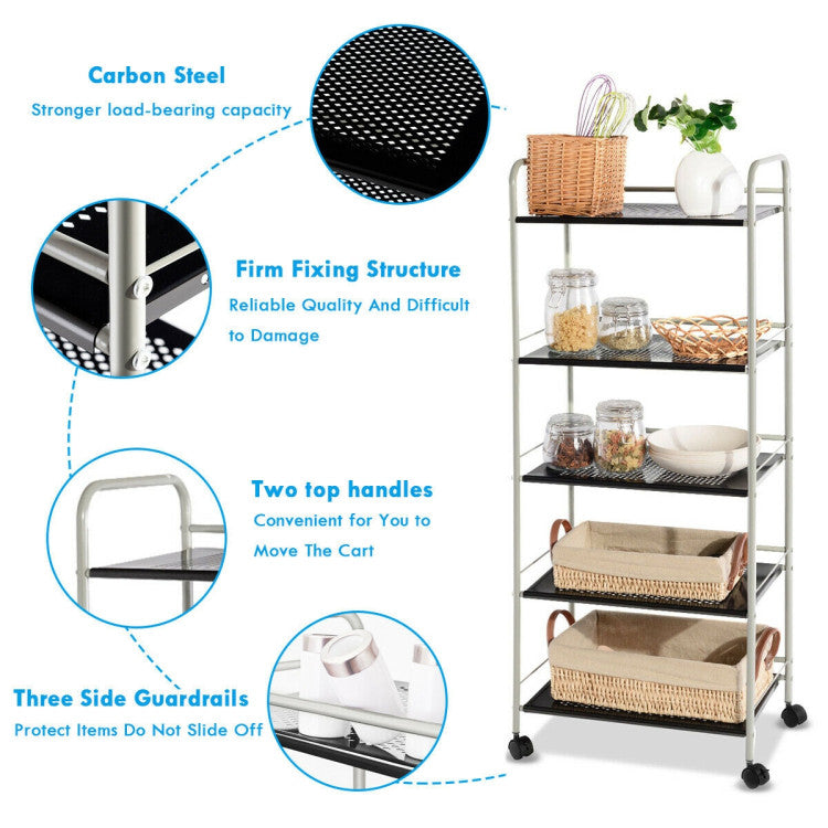 5-Tier Kitchen Rolling Utility Microwave Rack Cart with Lockable Casters