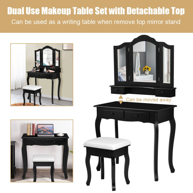 4 Drawers Wood Mirrored Vanity Dressing Table with Stool