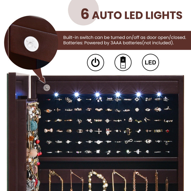 Wall Mounted Full Screen Mirror Jewelry Cabinet Armoire with 6 Leds