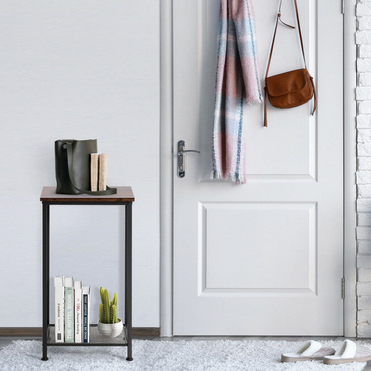 2-Tier Industrial End Table with Metal Mesh Storage Shelves