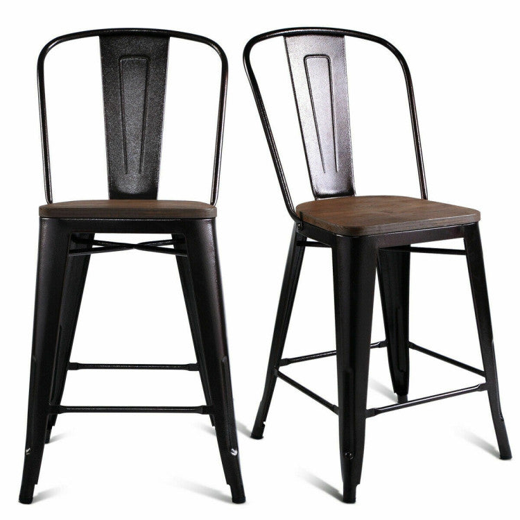 Set of 2 Copper Barstool with Wood Top and High Backrest