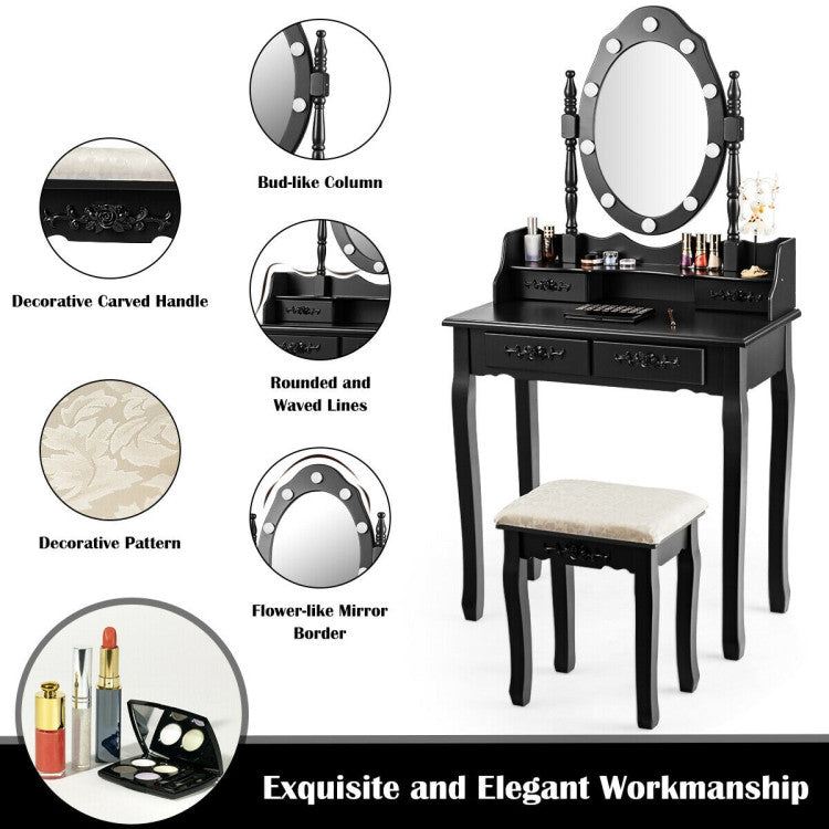 Makeup Vanity Dressing Table Set with Dimmable Bulbs Cushioned Stool