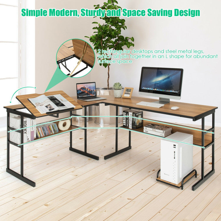 L-Shaped Computer Desk with Tiltable Tabletop