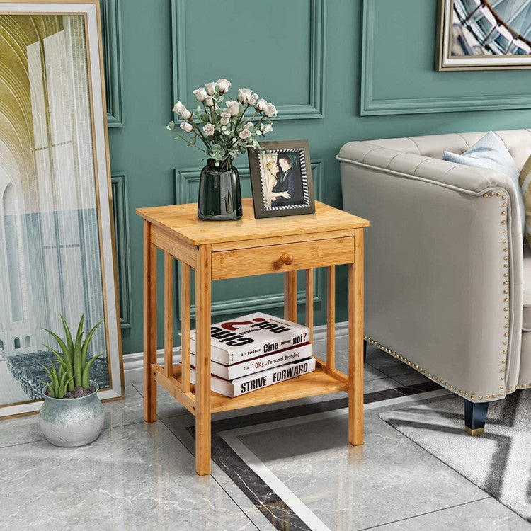 Multipurpose Bamboo End Table Nightstand with Drawer and Storage Shelf