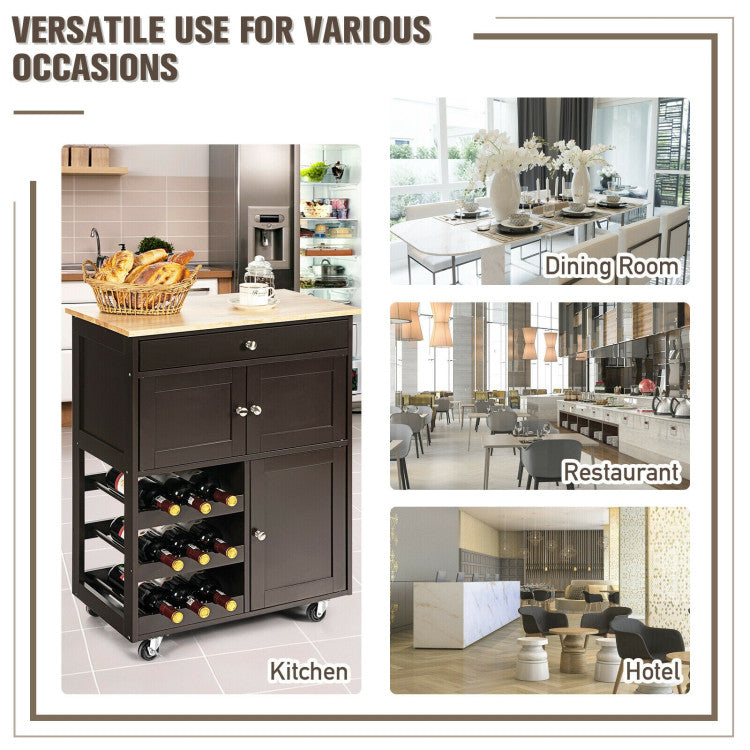 Kitchen Cart with Rubber Wood Top 3 Tier Wine Racks 2 Cabinets