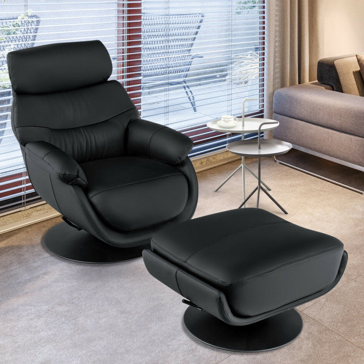 360° Swivel Leather Lounge Chair with Ottoman and Thick Footstool