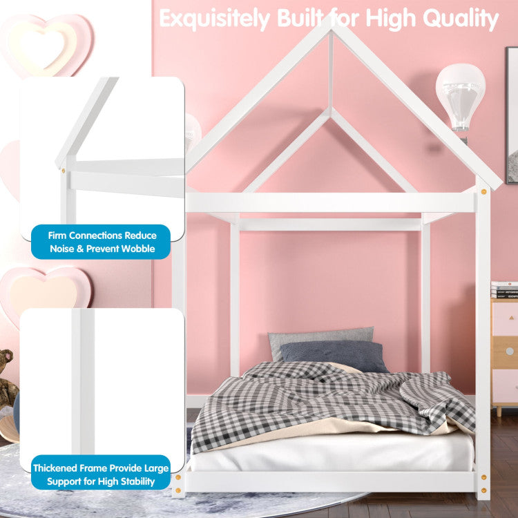 Twin Size Kids House Bed Wood Frame with Roof