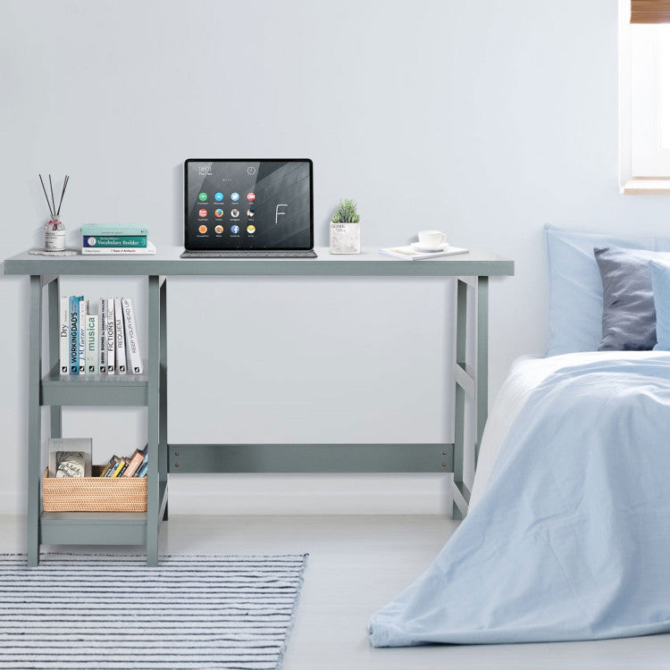 Wooden Trestle Computer Desk with 2-Tier Removable Shelves