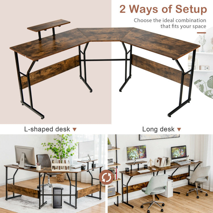 88.5 Inch L Shaped Reversible Computer Desk Table with Monitor Stand