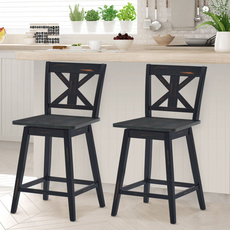 Set of 2 Swivel Counter Height Bar Stools with Solid Wood Legs for Home Pub