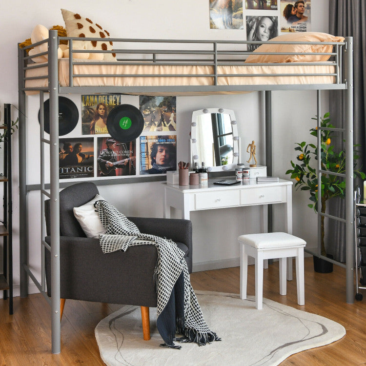 Twin Loft Bed Frame with 2 Ladders Full-Length Guardrail