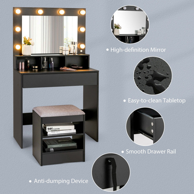 Vanity Table Set with Lighted Mirror and Cushioned Stool