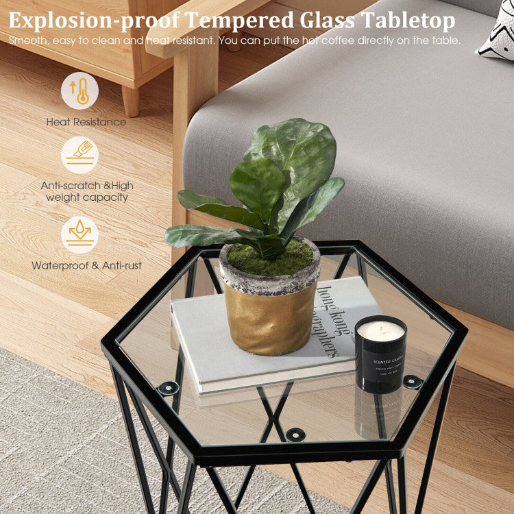 Hexagonal Accent End Table with Tempered Glass Top and Metal Frame