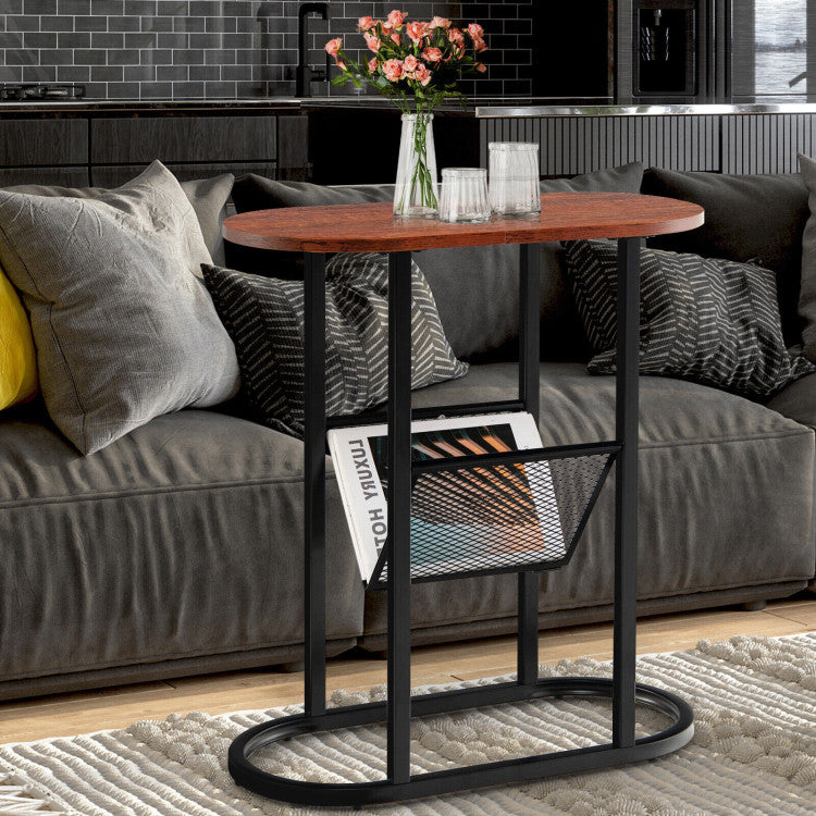 2-Tier Industrial Oval Side Table with Mesh Shelf