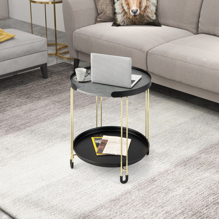 2-Tier round Side Table with Removable Tray and Metal Frame for Small Space