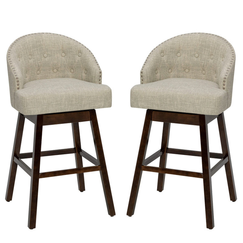 Set of 2 Swivel Bar Stools with Rubber Wood Legs and Padded Back