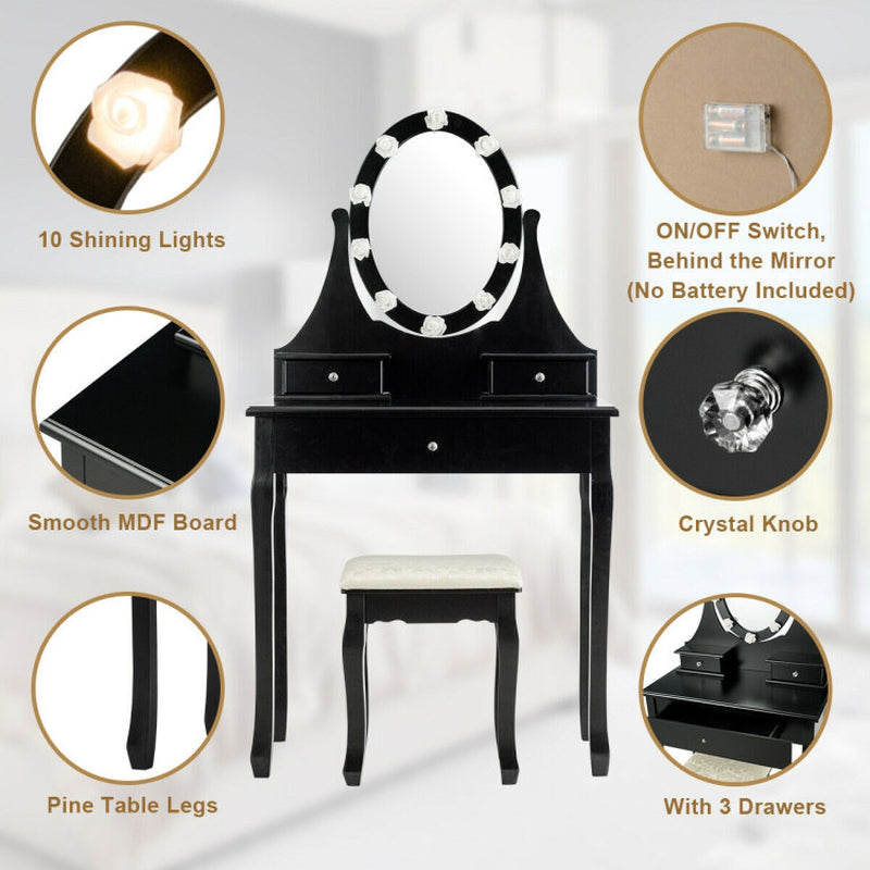 3 Drawers Lighted Mirror Vanity Dressing Table Stool Set