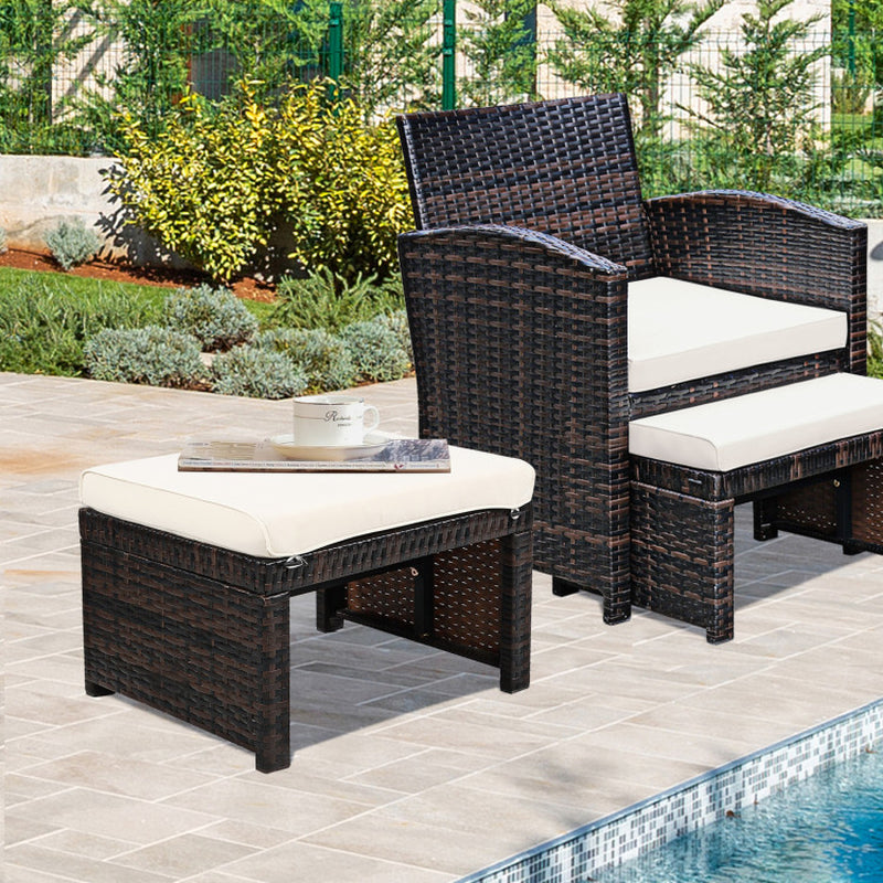 2 Pieces Patio Rattan Ottomans with Soft Cushion for Patio and Garden