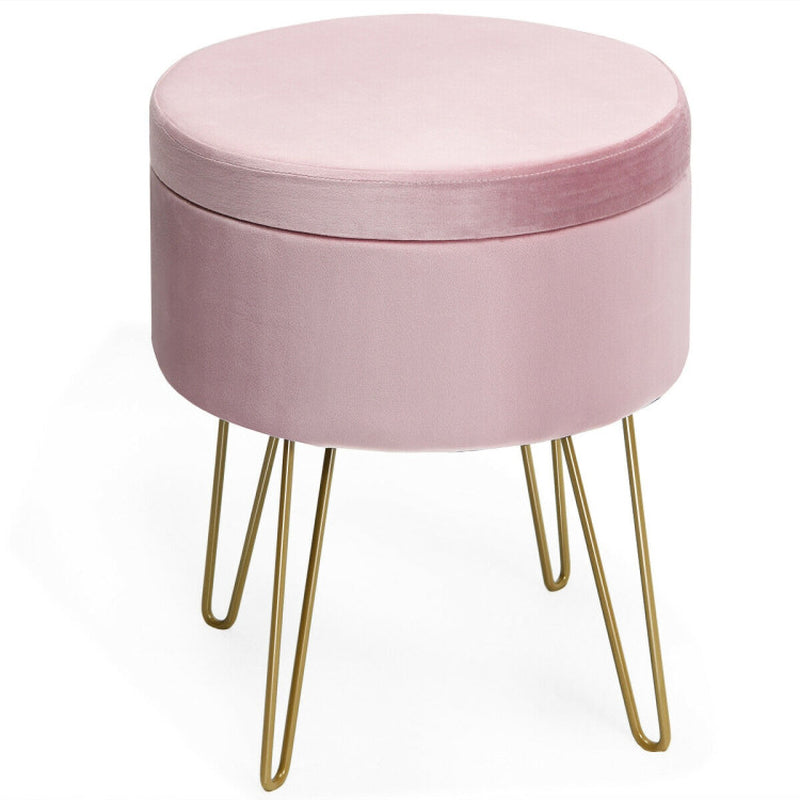 Round Velvet Storage Ottoman Footrest Stool Vanity Chair with Metal Legs