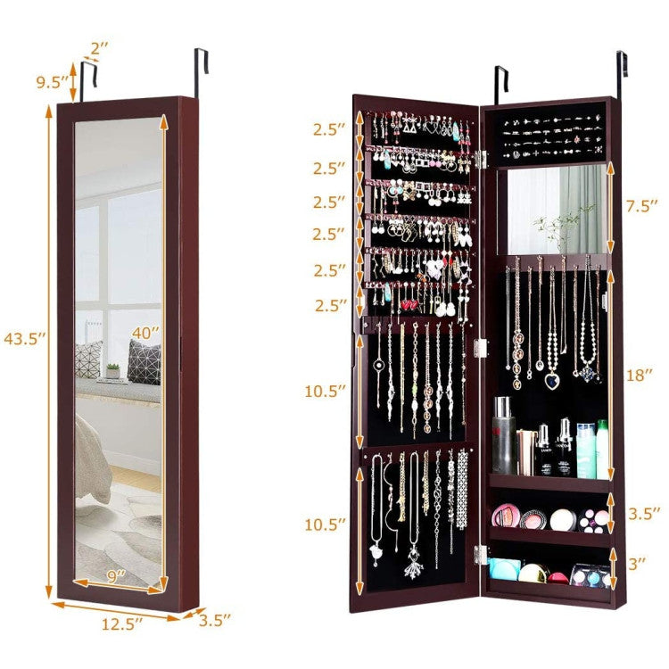 Full Length Mirror Jewelry Cabinet with Ring Slots and Necklace Hooks