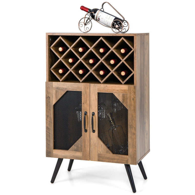 2-Door Farmhouse Kitchen Storage Bar Cabinet with Wine Rack and Glass Holder