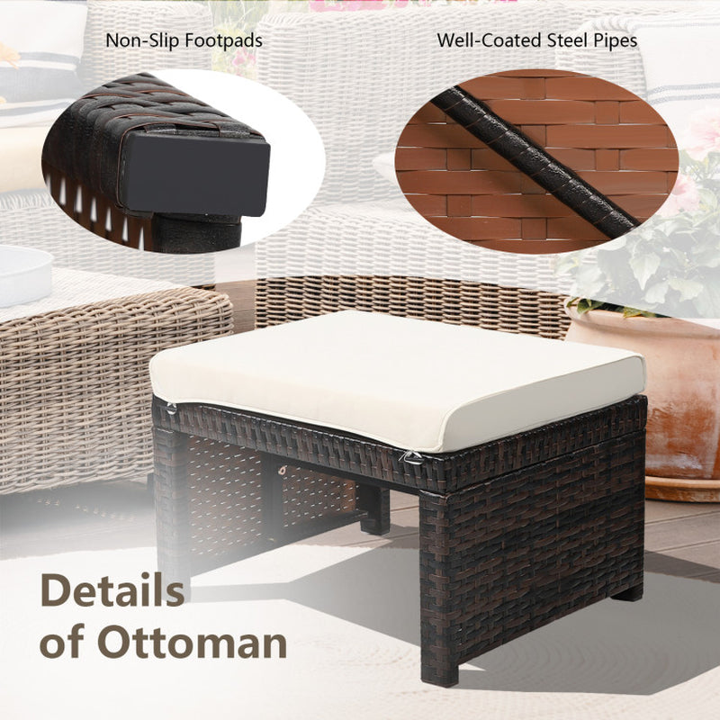 2 Pieces Patio Rattan Ottomans with Soft Cushion for Patio and Garden