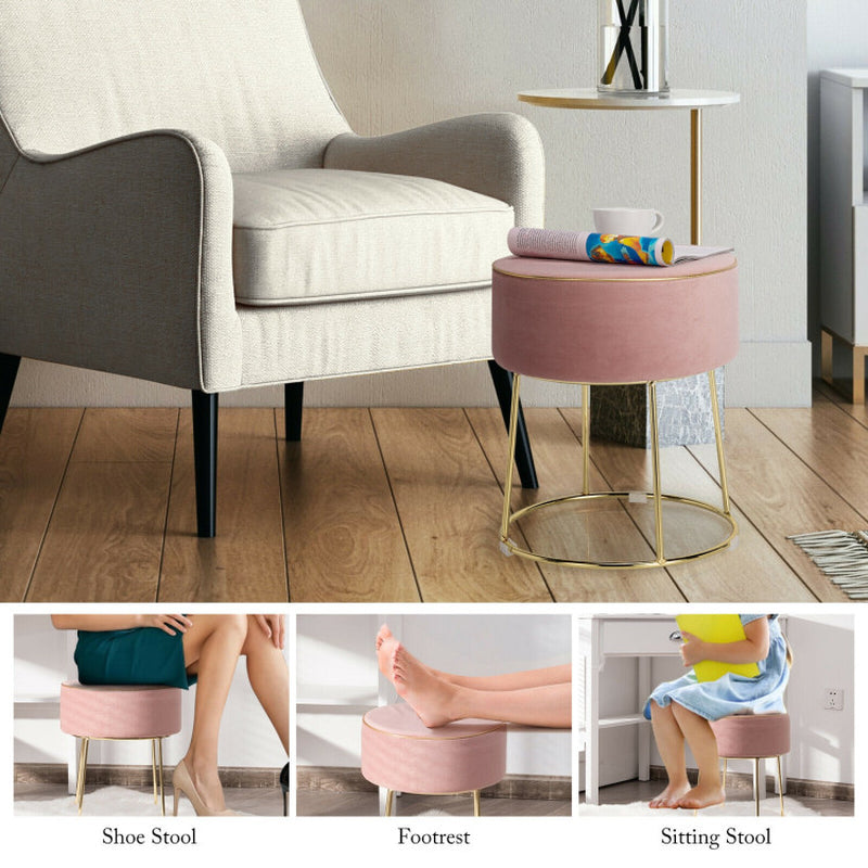 Round Velvet Footrest Stool Ottoman with Non-Slip Foot Pads for Bedside