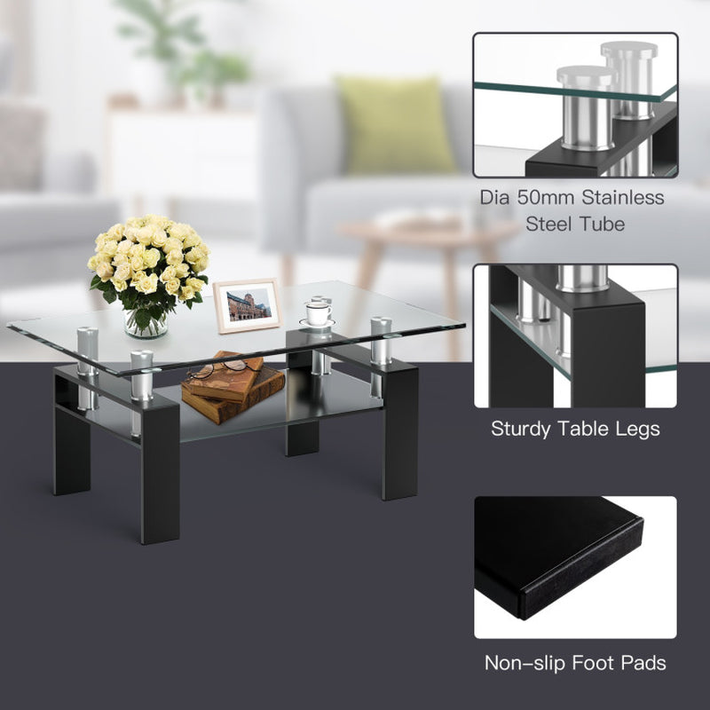 Rectangle Glass Coffee Table with Metal Legs for Living Room