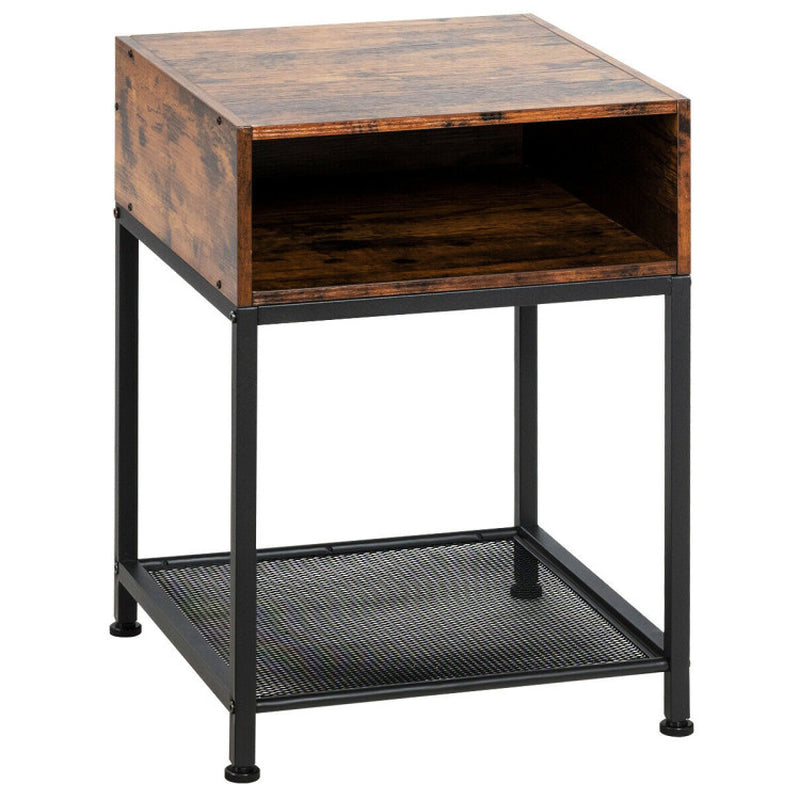 Industrial Nightstand End Side Table with Mesh Shelf