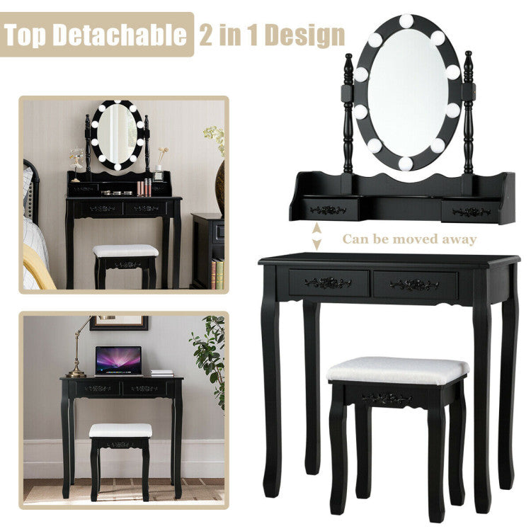 Makeup Dressing Table with Touch Switch Lighted Mirror and Cushioned Stool