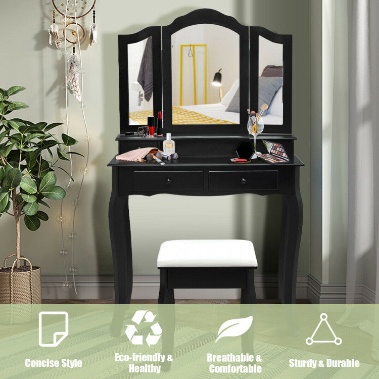 4 Drawers Wood Mirrored Vanity Dressing Table with Stool