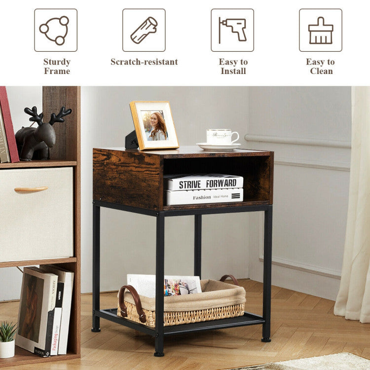 Industrial Nightstand End Side Table with Mesh Shelf