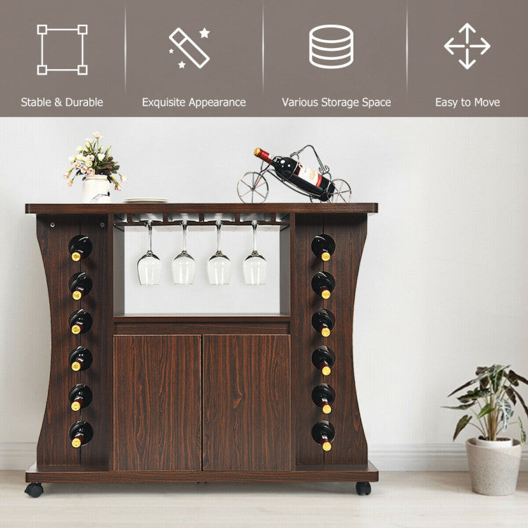 Rolling Buffet Sideboard Wooden Bar Storage Cabinet