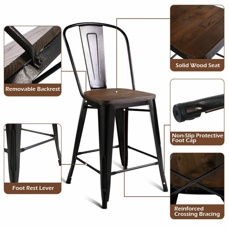 Set of 2 Copper Barstool with Wood Top and High Backrest