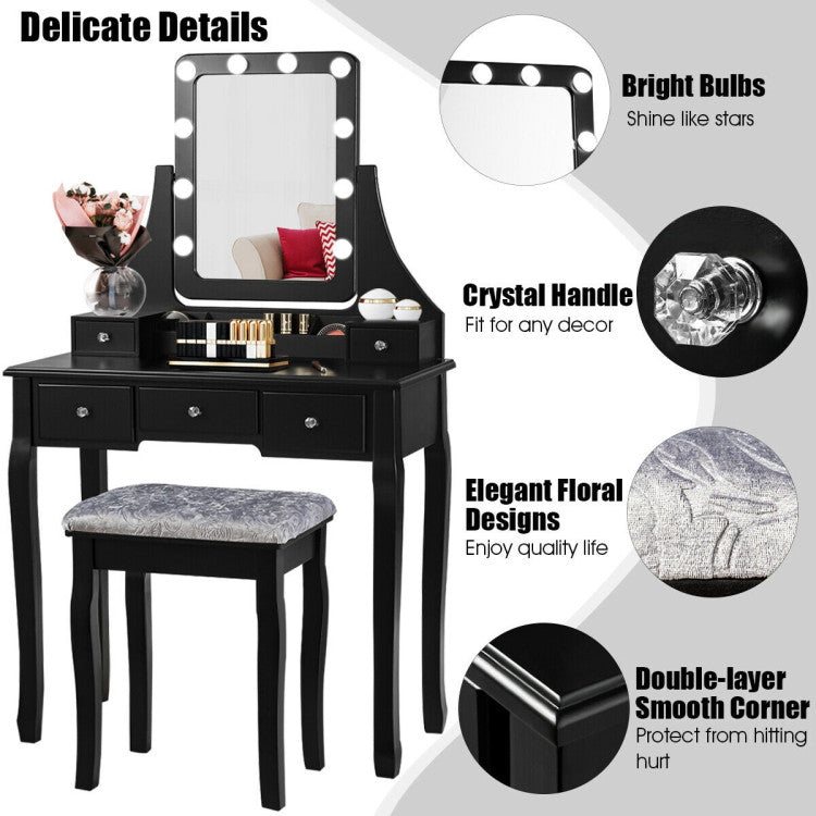 Vanity Dressing Table Set with 10 Dimmable Bulbs and Cushioned Stool