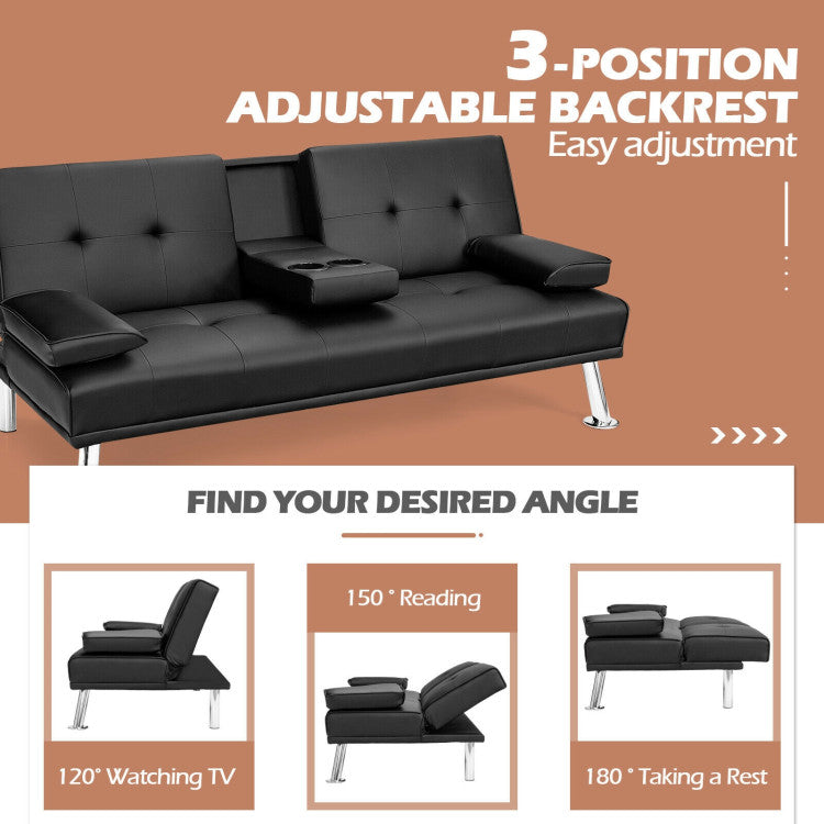 Convertible Folding Leather Futon Sofa with Cup Holders and Armrests