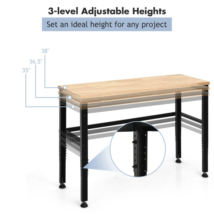 53 Inch Adjustable Heavy-Duty Workbench with Rubber Wood Top