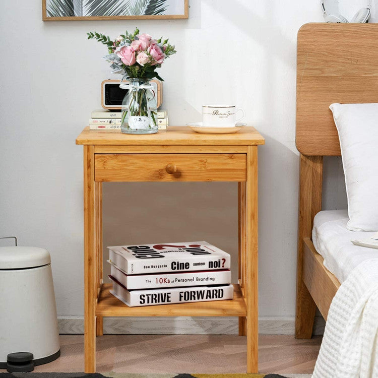 Multipurpose Bamboo End Table Nightstand with Drawer and Storage Shelf