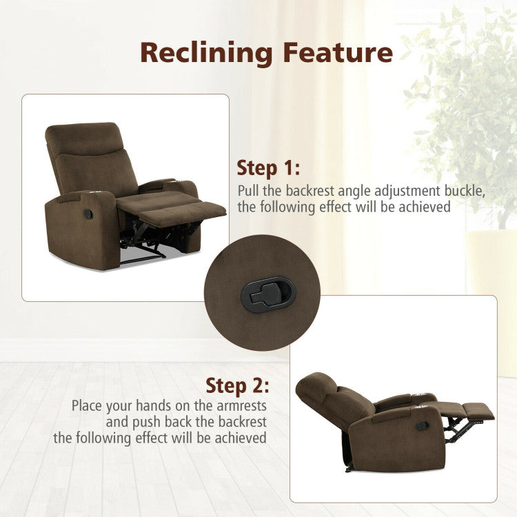 Recliner Chair Single Sofa Lounger with Arm Storage and Cup Holder for Living Room