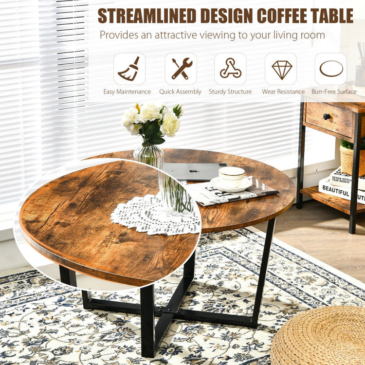 Round Industrial Style Cocktail Side Coffee Table with Metal Frame