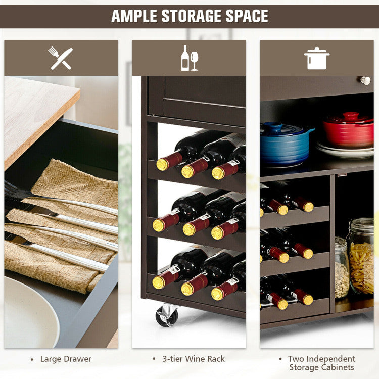 Kitchen Cart with Rubber Wood Top 3 Tier Wine Racks 2 Cabinets