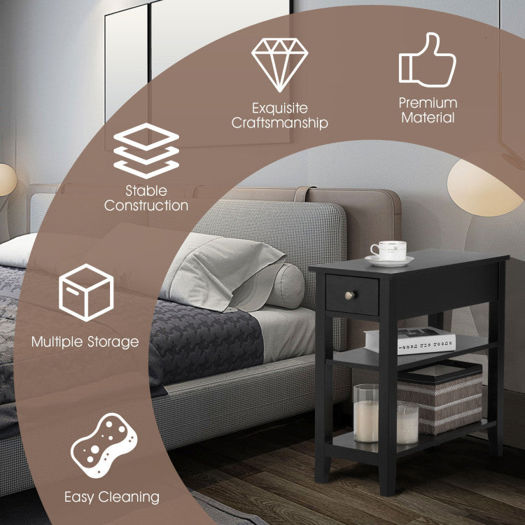 3-Tier End Table with Drawer Slideway and Double Shelves