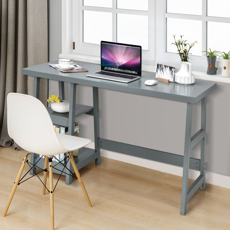 Wooden Trestle Computer Desk with 2-Tier Removable Shelves