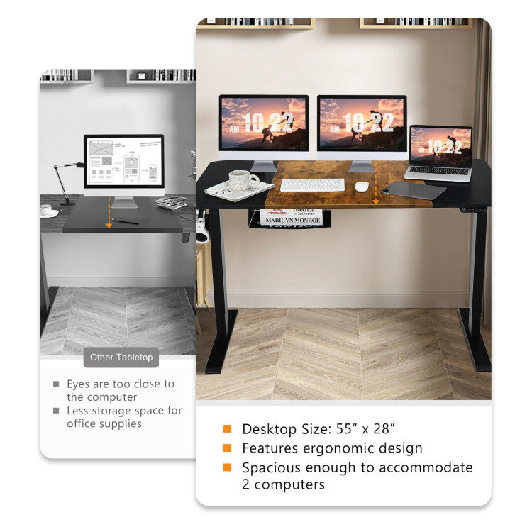 55 X 28 Inch Electric Standing Desk with USB Port Black